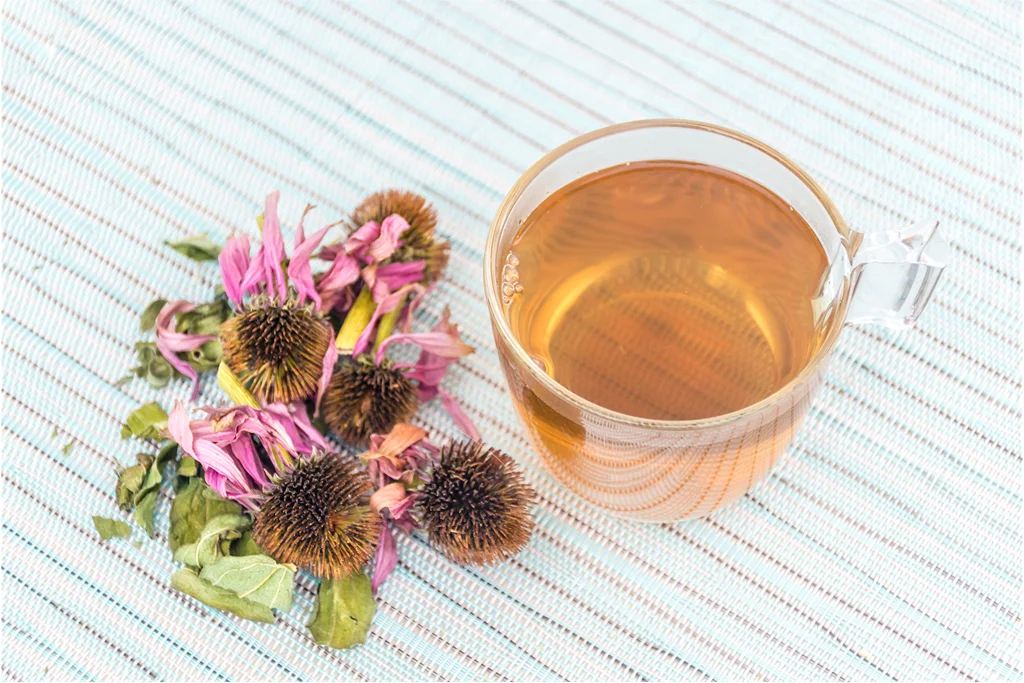 Tea in a cup and dried flowers in a table