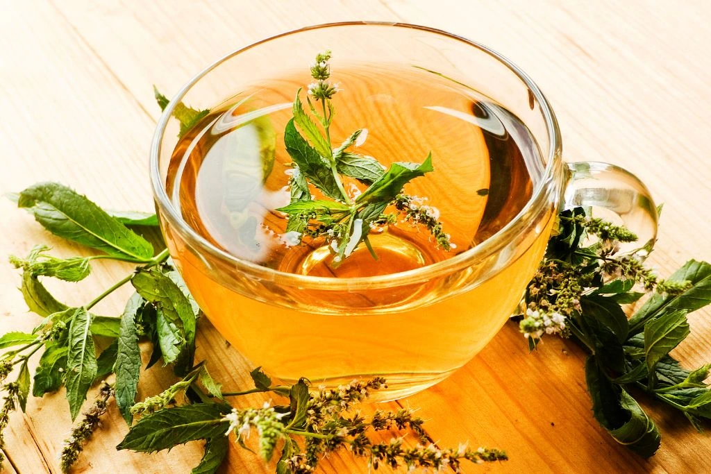 a cup peppermint tea in a clear tea cup with peppermint leaves
