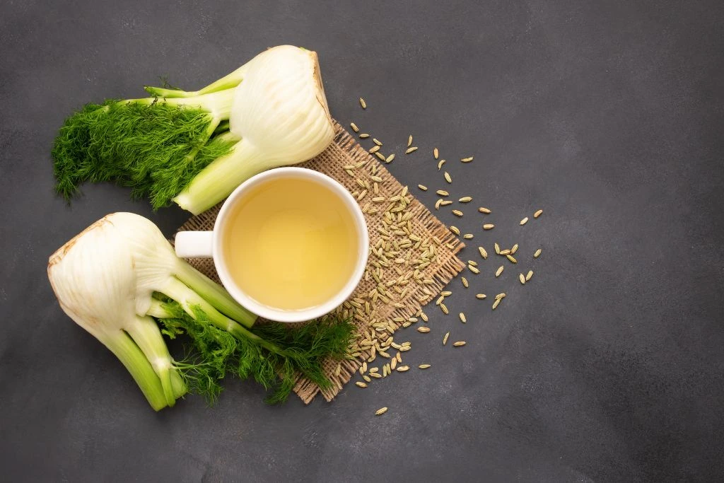 a cup of fennel tea with fresh fennel on a black background