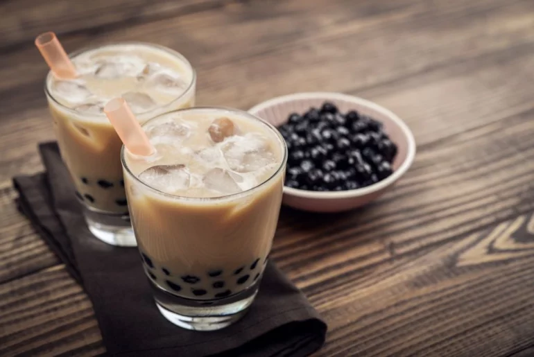 Two cups of Chocolate milk bubble tea on a cloth