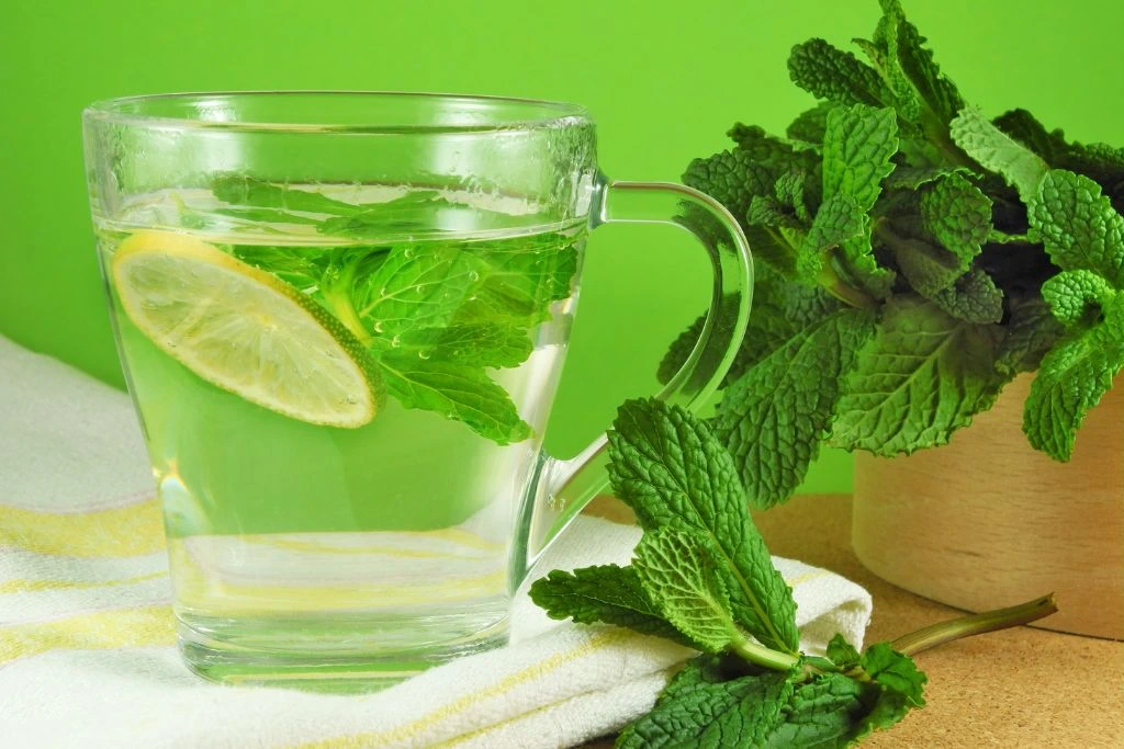 a glass full of herbal mint tea with lemon 