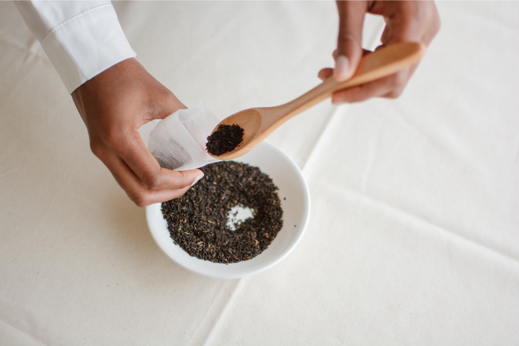 black tea leaves in tea bag