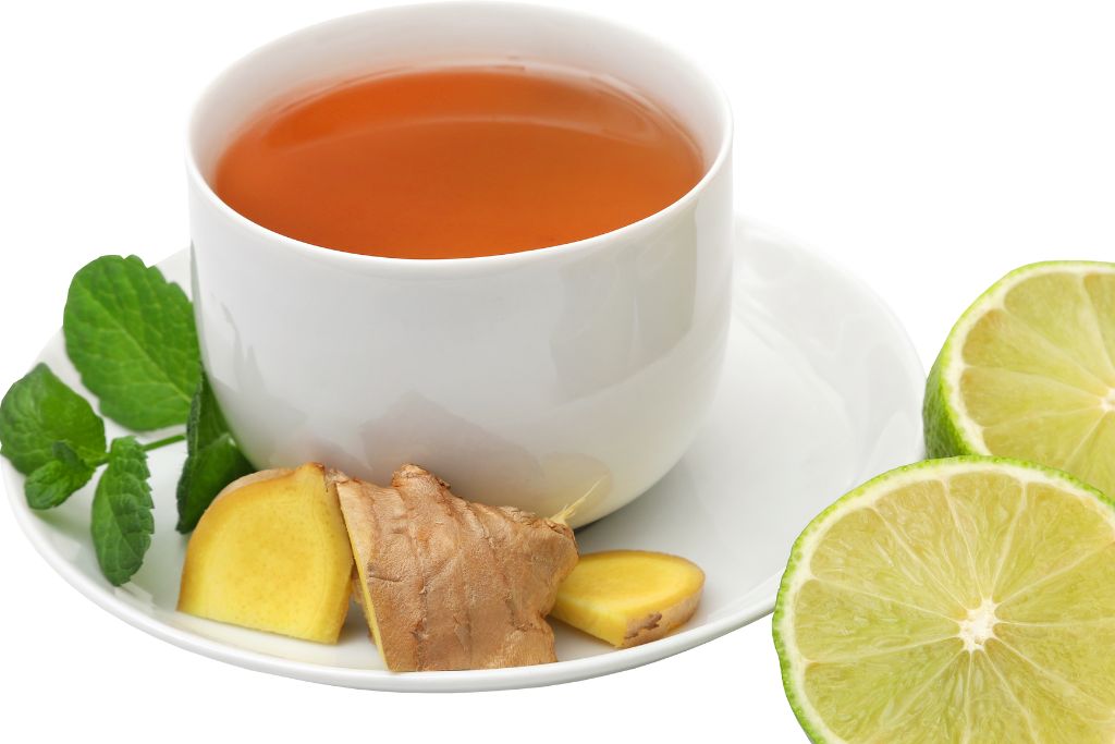Ginger Mint Tea in a cup with sliced ginger and lemon