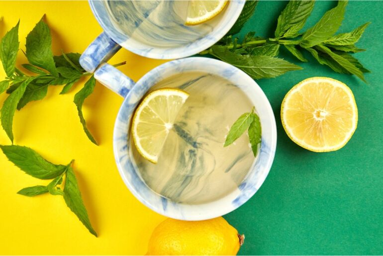 lemon mint tea with lemon fruit and mint leaves