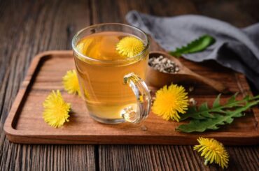 a dandelion root tea in a glass cup